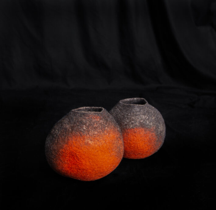 Felted pots/bowls, orange/natural black