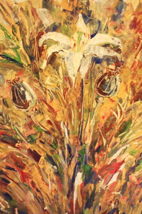 Lilies and poppy capsules, still life
