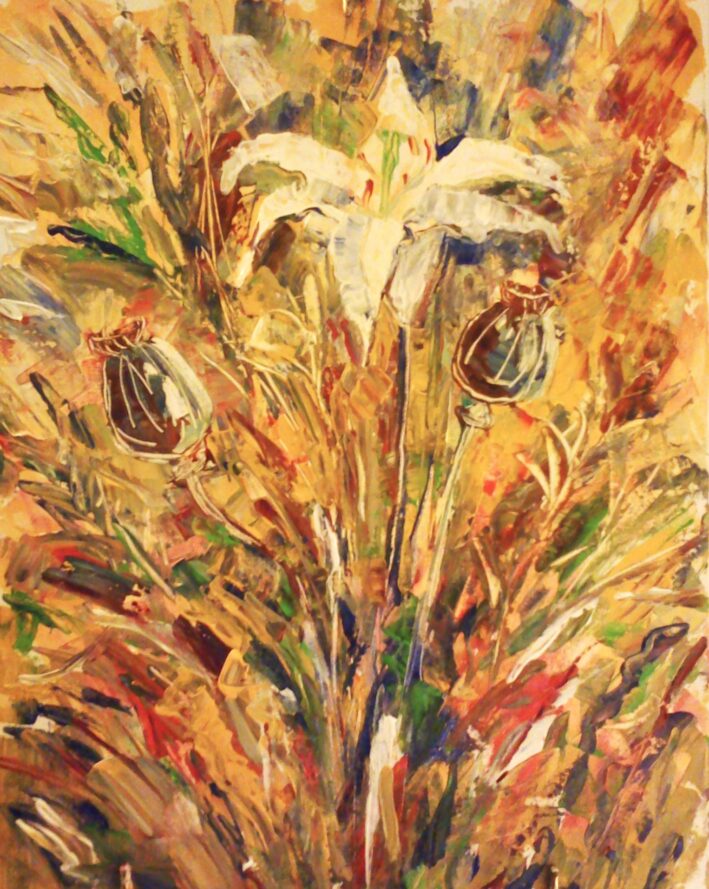 Lilies and poppy capsules, still life